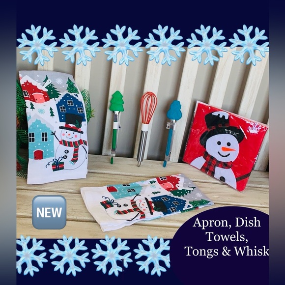 Christmas Design Dish Towels,2-Tongs, 1/whisk w/2-Towels & Apron  🎄🆕🎄 - Picture 1 of 14